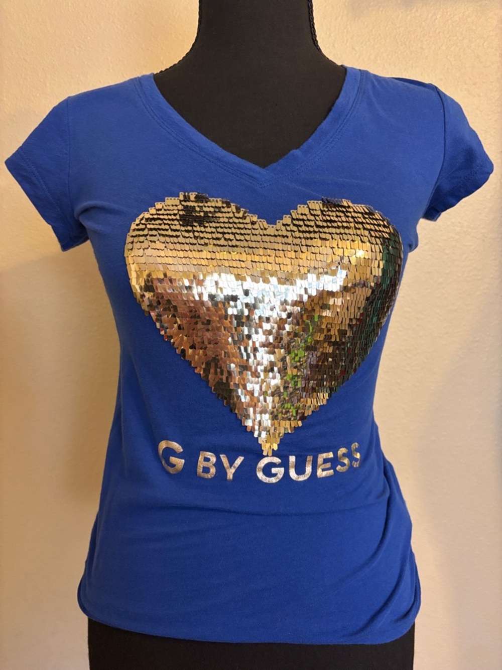 G by Guess Royal Blue V-Neck Tee with Gold Sequin Heart